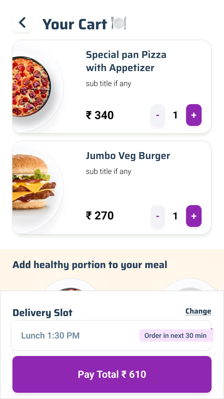 The cart: items with quantity steppers, a healthy add-on row, the chosen delivery slot and the pay total.