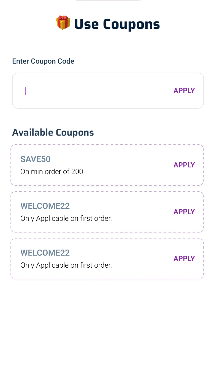 The coupons sheet: a code field and available coupons with their conditions.