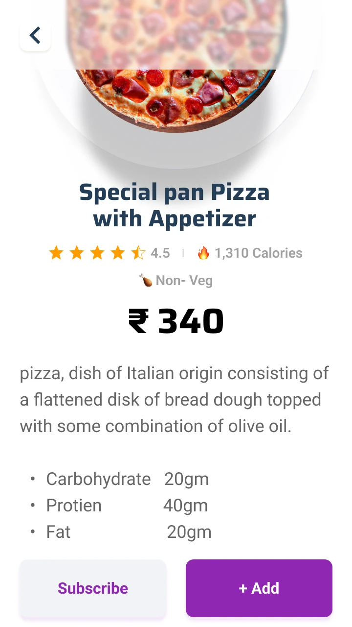 An item detail screen: a large dish photo, rating, calories, a nutrition row of carbohydrate, protein and fat, above Subscribe and Add buttons.