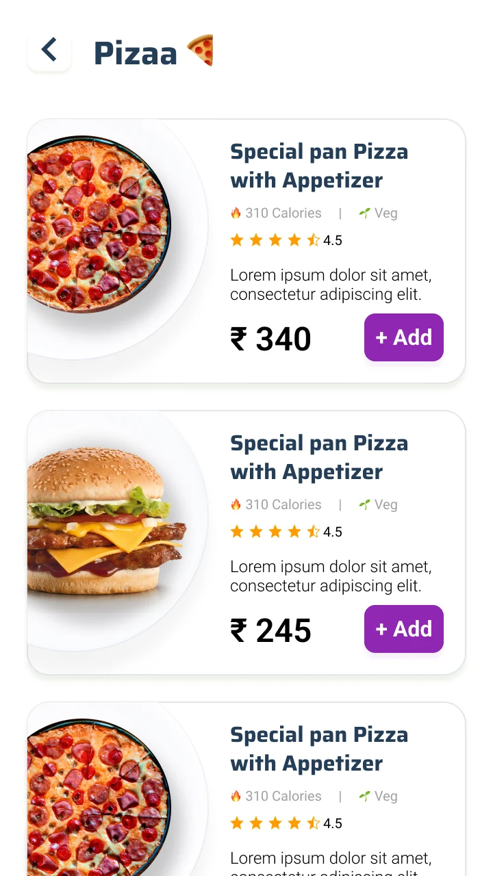 A menu list: each dish card carries a photo, calories, a veg flag, a rating, the price and an Add button.