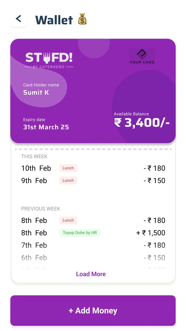 The wallet: a Stufd by CaterHero card with a 3,400 rupee balance over a ledger where a 1,500 rupee top-up by HR sits among daily lunch deductions, with an Add Money button.