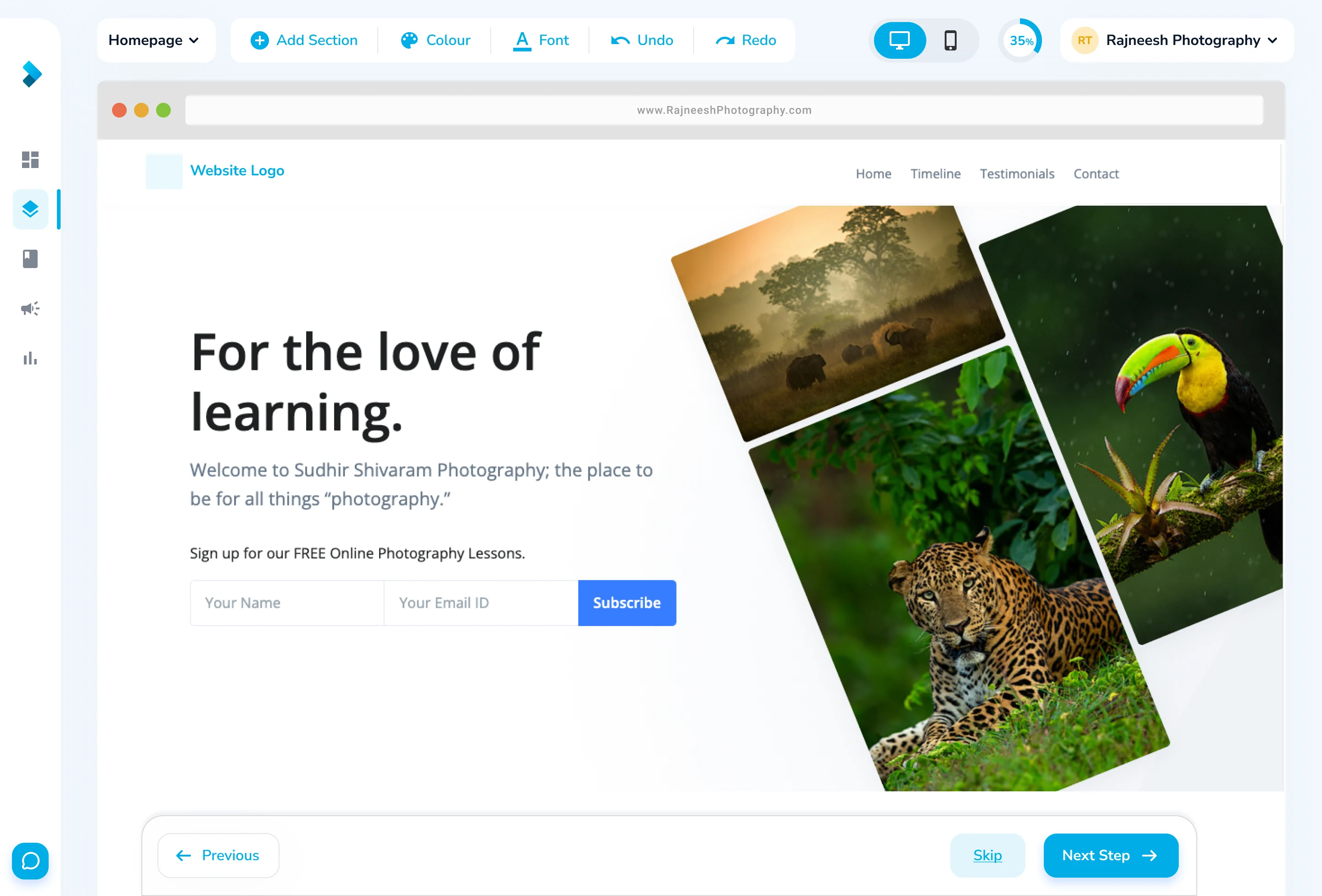 The live site editor: edits land on the canvas of the tutor's own site as they make them.