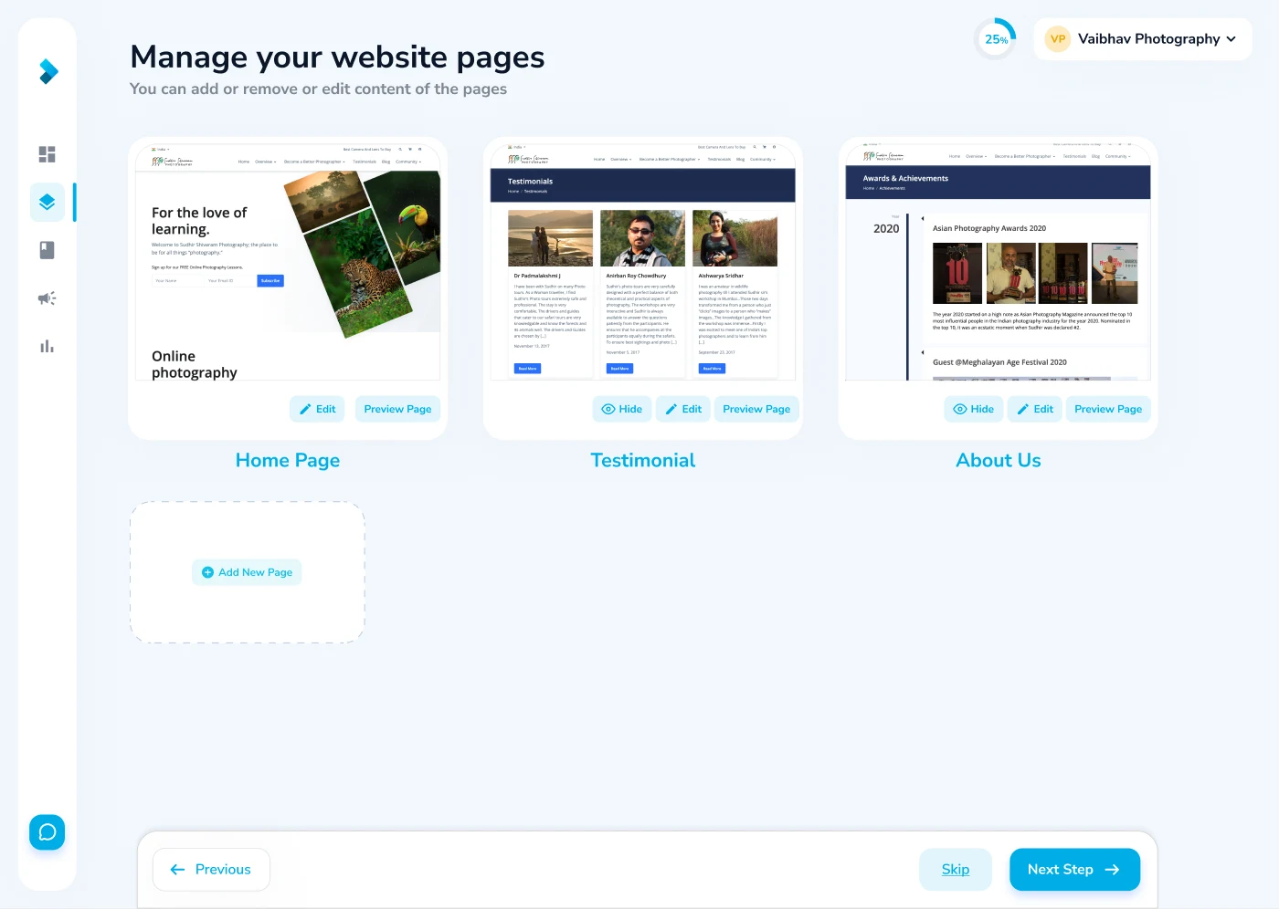Pages managed as simple visual cards inside the editor.