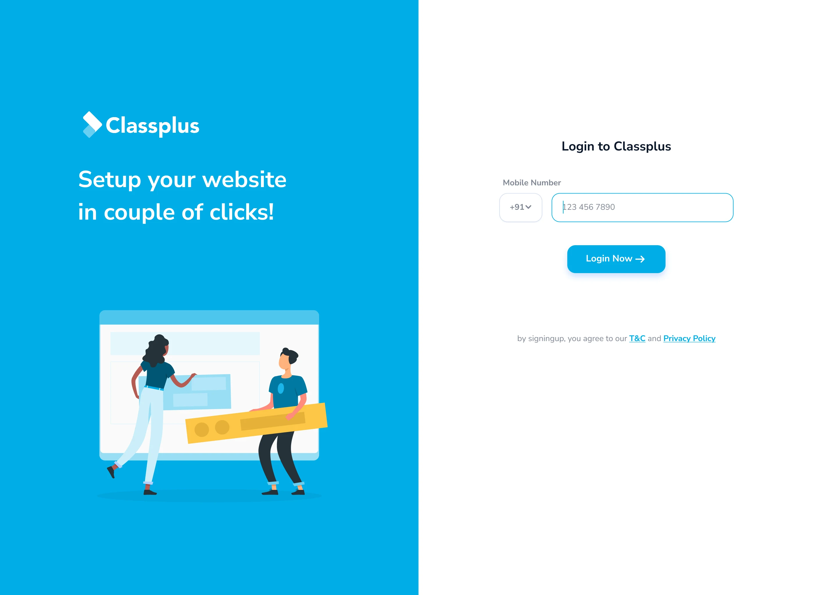The desktop login: the same promise, set up your website in a couple of clicks, where the building happens.