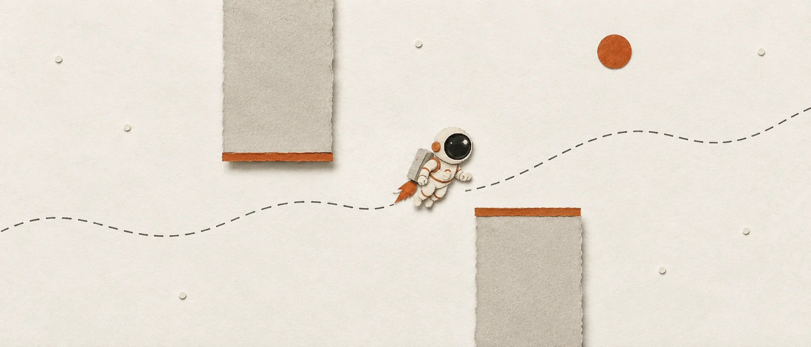 Cut-paper collage: a paper astronaut glides through the gap between two torn-paper gate towers with burnt-orange lips, his dashed flight path rising and falling across a bone-paper sky under a burnt-orange planet disc.