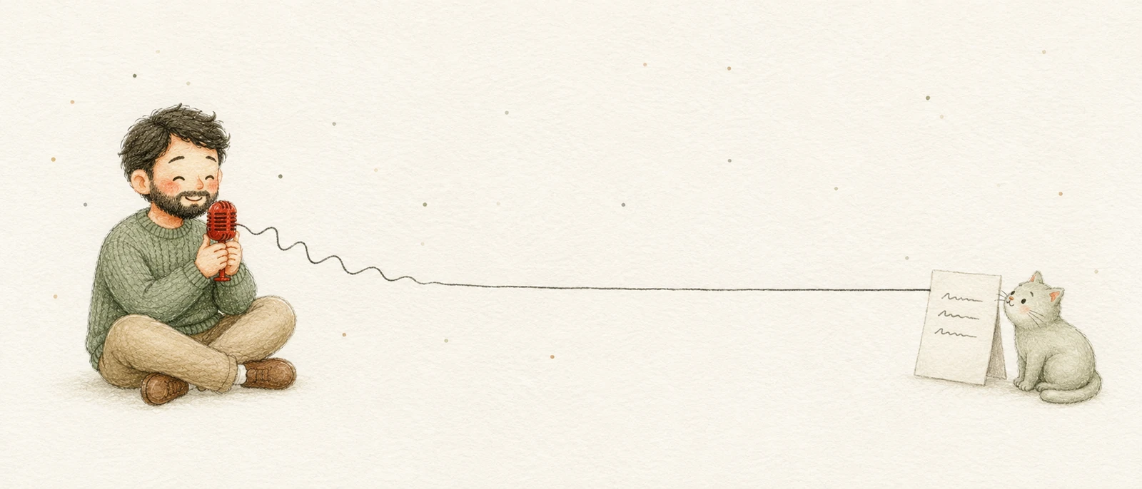 Watercolor banner: a man in a sage cable-knit speaks into a vintage red microphone, his voice drawn as a wavy line that settles straight and lands as handwriting on a note card a pale sage cat inspects.