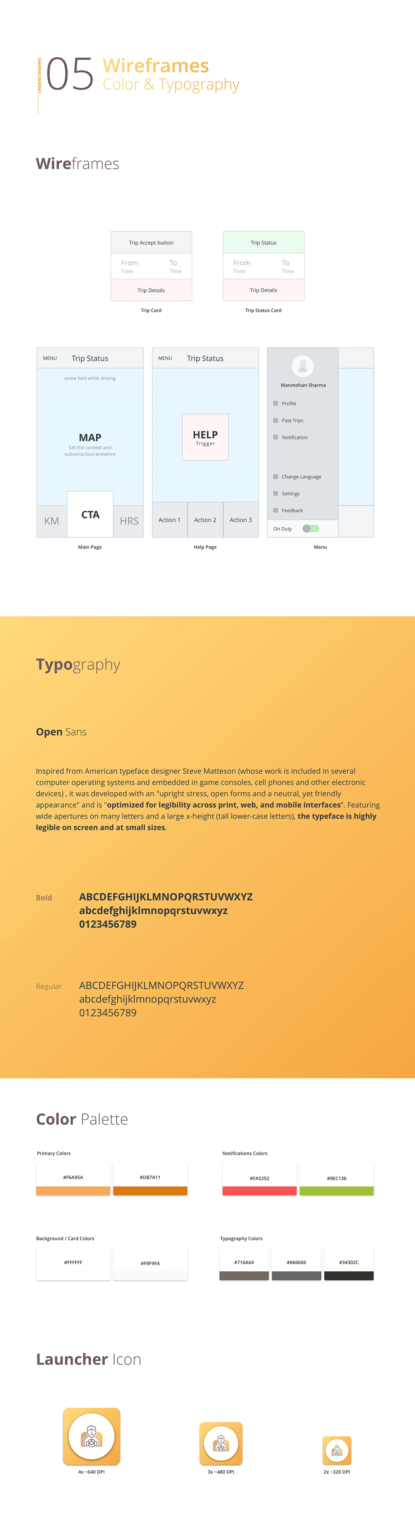 The wireframes for the main, help and menu screens, the typography choice of Open Sans for small-size legibility, the colour palette, and the launcher icon.