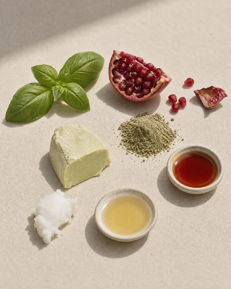 Generated ingredient flat-lay for the soap: basil, cut pomegranate, a block of soap base, herbal powder and small dishes of oils on warm stone.