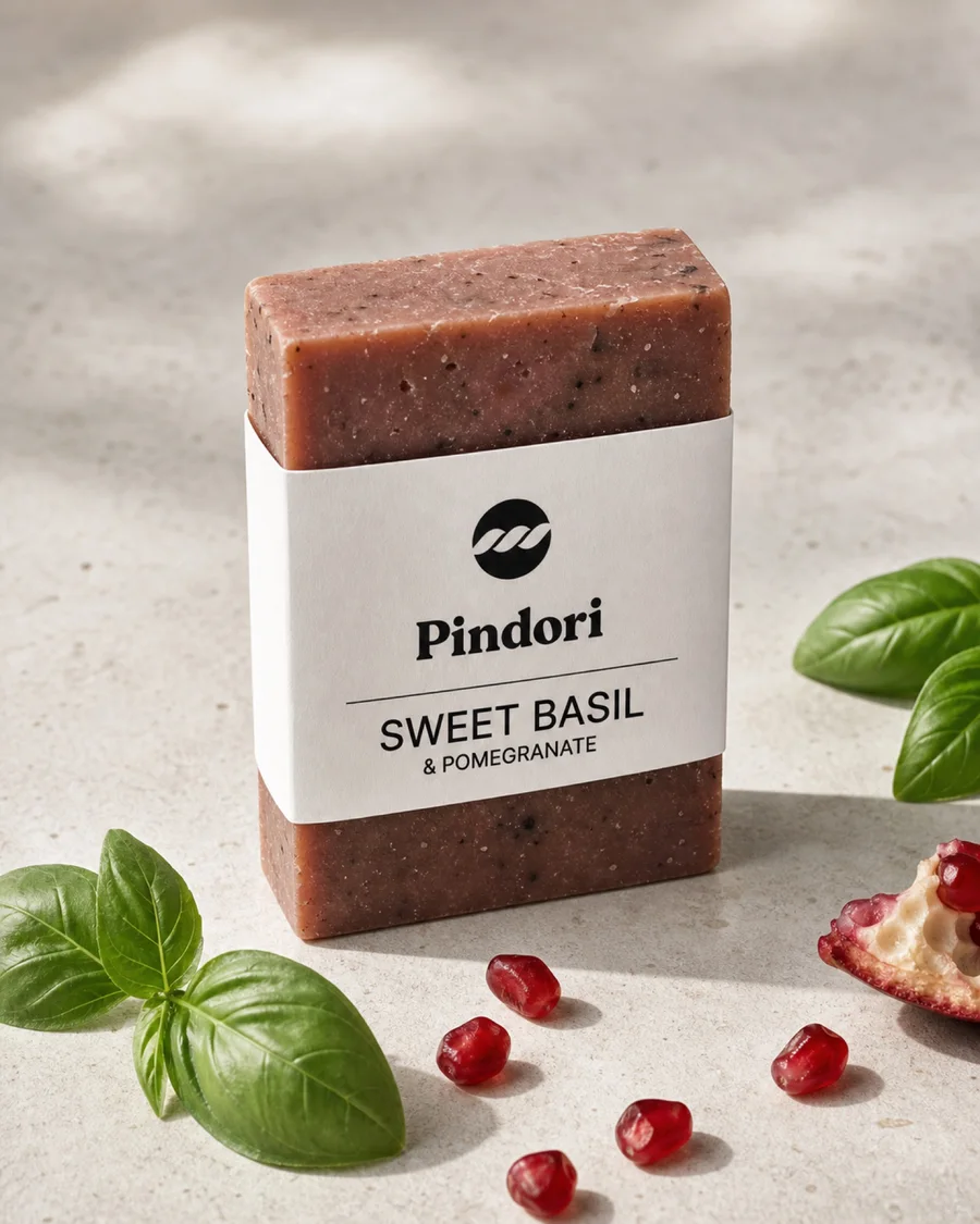 Generated packshot of the Sweet Basil & Pomegranate soap bar, standing on warm stone with basil leaves and pomegranate seeds in soft directional light.