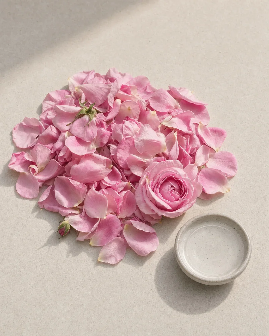 Generated ingredient frame for the hydrosol: a pile of fresh damask rose petals with one open bloom beside a small ceramic dish.