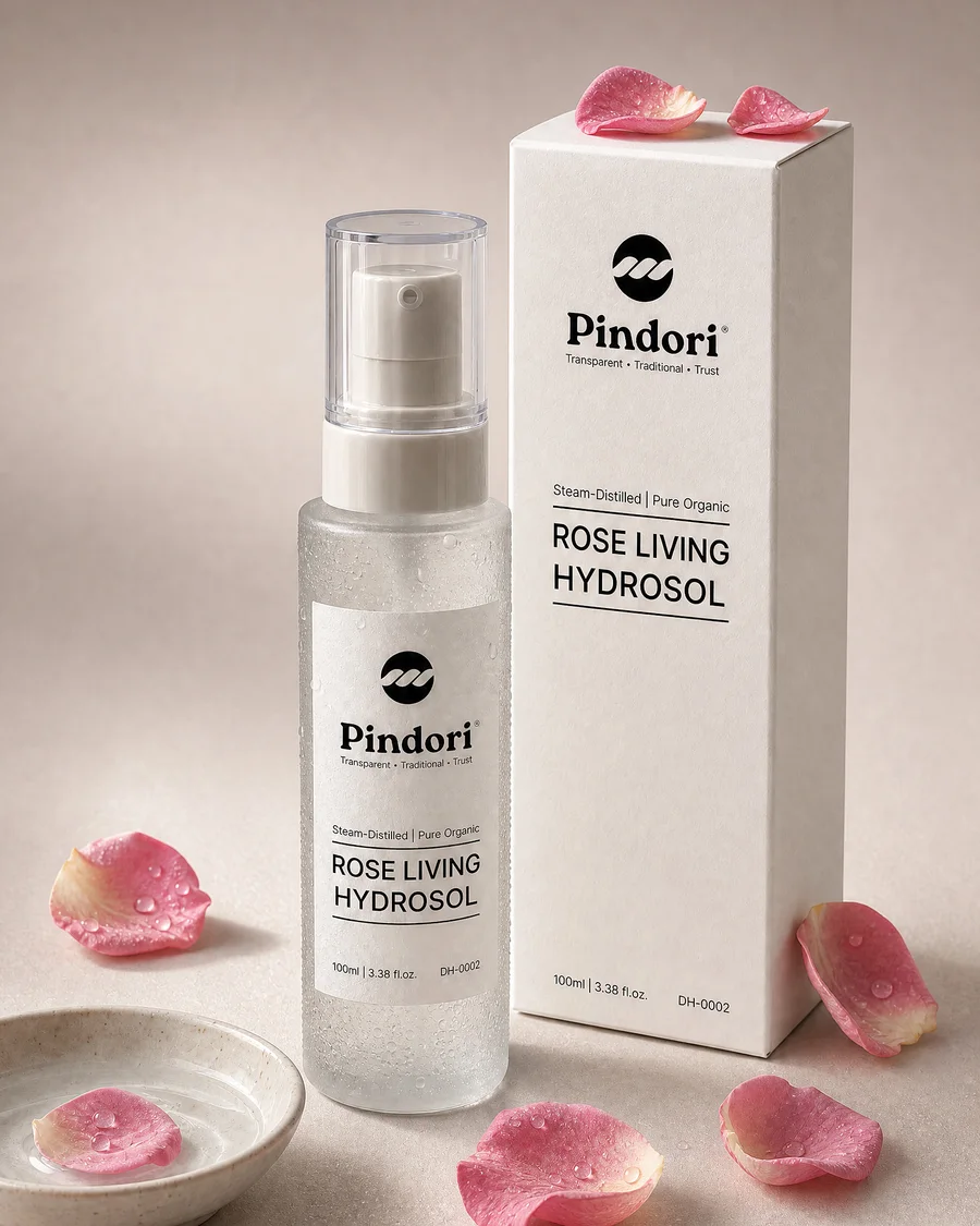 Generated packshot of the Rose Living Hydrosol: a frosted pump bottle beside its carton, rose petals resting on the stone around it.