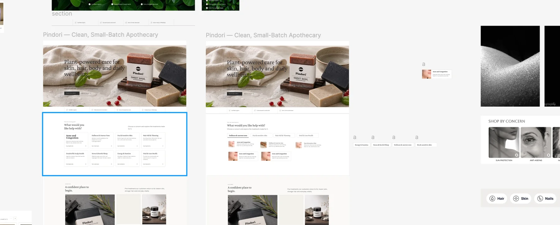 A Figma working canvas with two full Pindori homepage iterations side by side, one concern section as a card grid and one as chip filters, surrounded by section experiments and texture references.
