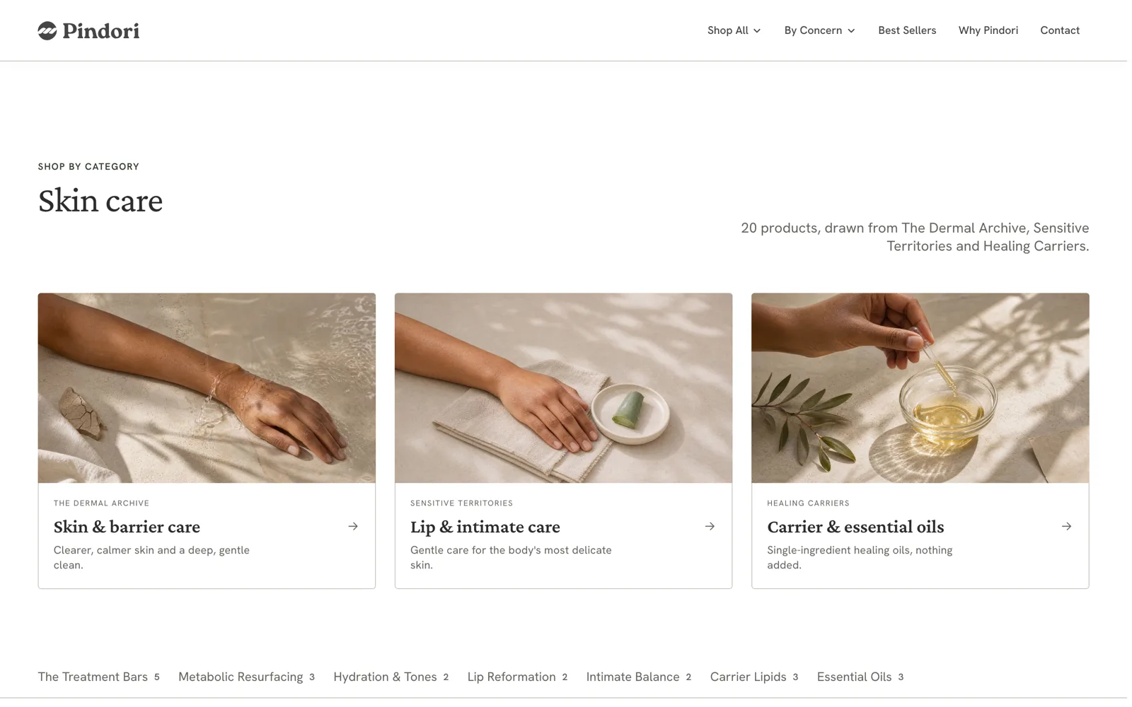 The Skin care category page: three art-directed collection images of hands with water, linen and oils, each above its collection card.