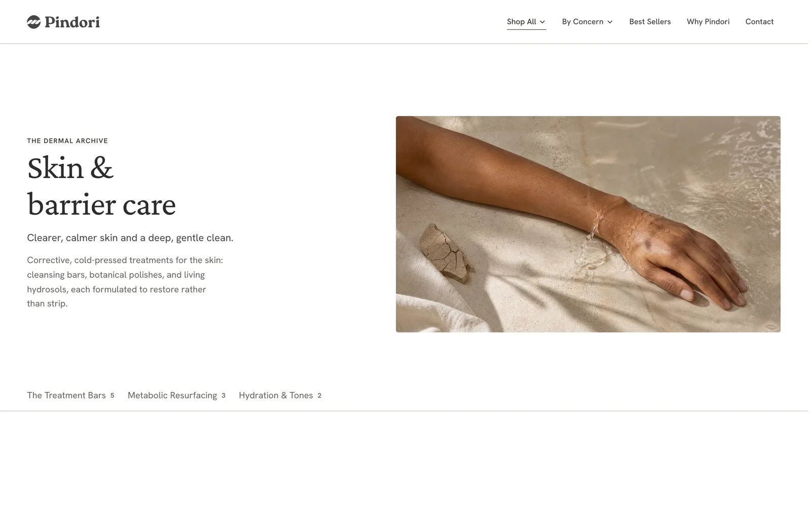 The Dermal Archive collection page: 'Skin & barrier care' beside an editorial image of a wet arm on stone.