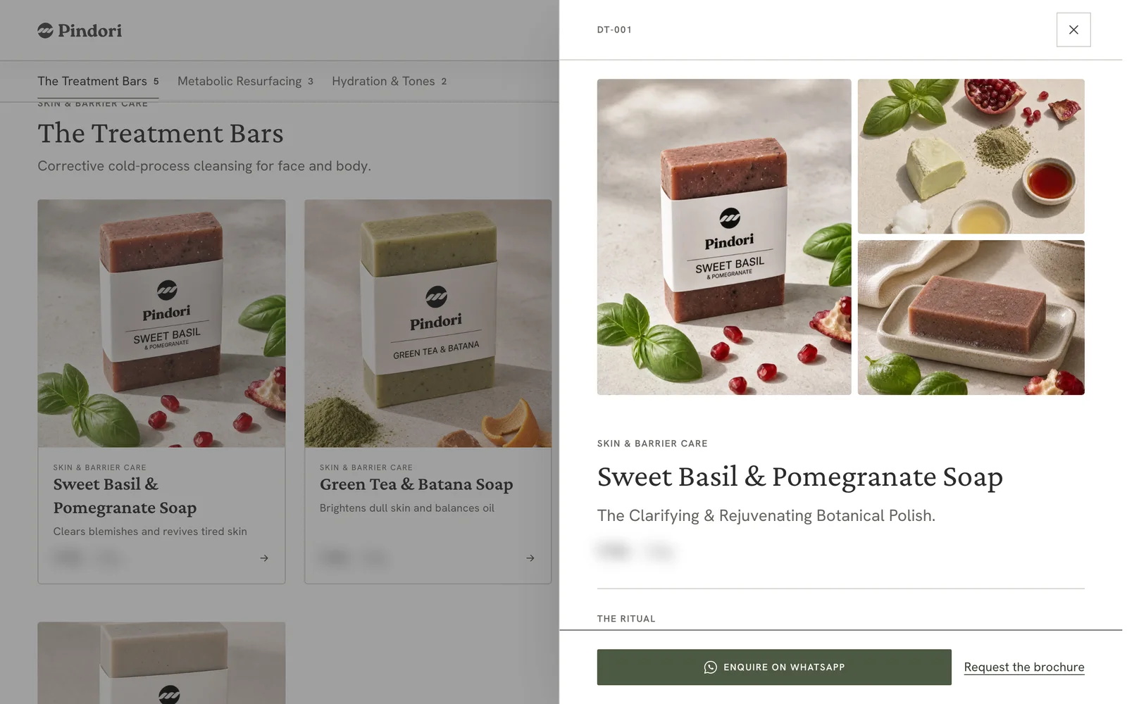 The product drawer open over a collection page: a gallery of the Sweet Basil bar, its story, and one green button reading Enquire on WhatsApp.