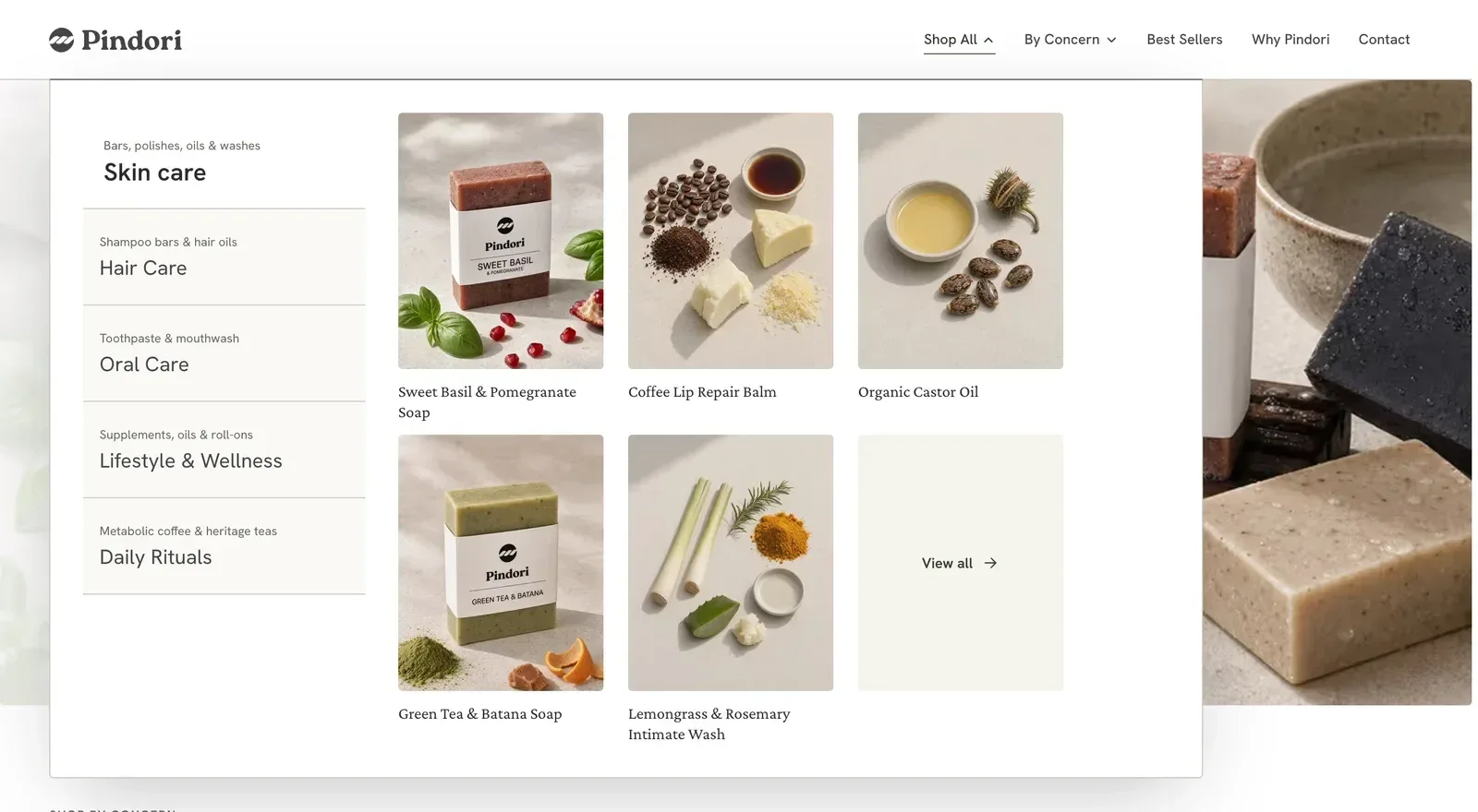 The open shop menu: five categories listed on the left, with tiles for soaps, a lip balm and castor oil on the right.