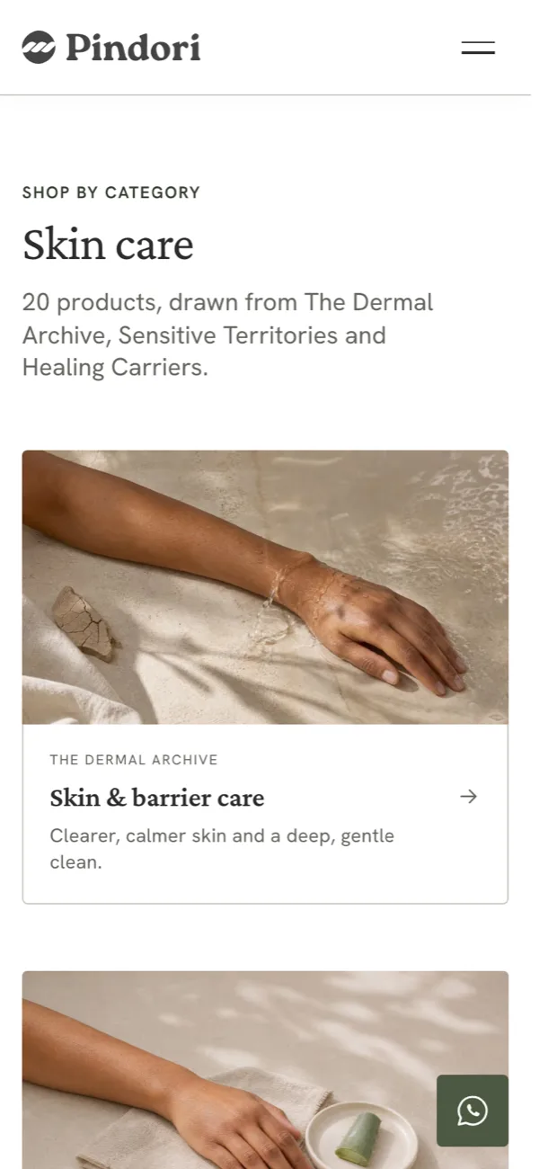 A category page on a phone: Skin care, twenty products, with the WhatsApp button riding above the collection cards.