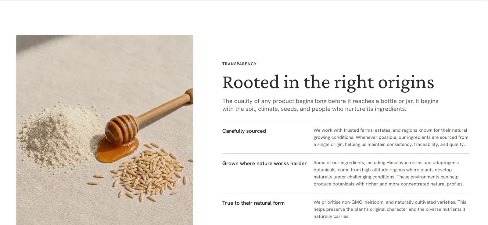 The Why Pindori page: 'Rooted in the right origins', a ledger of sourcing commitments beside a linen still life of honey and oats.