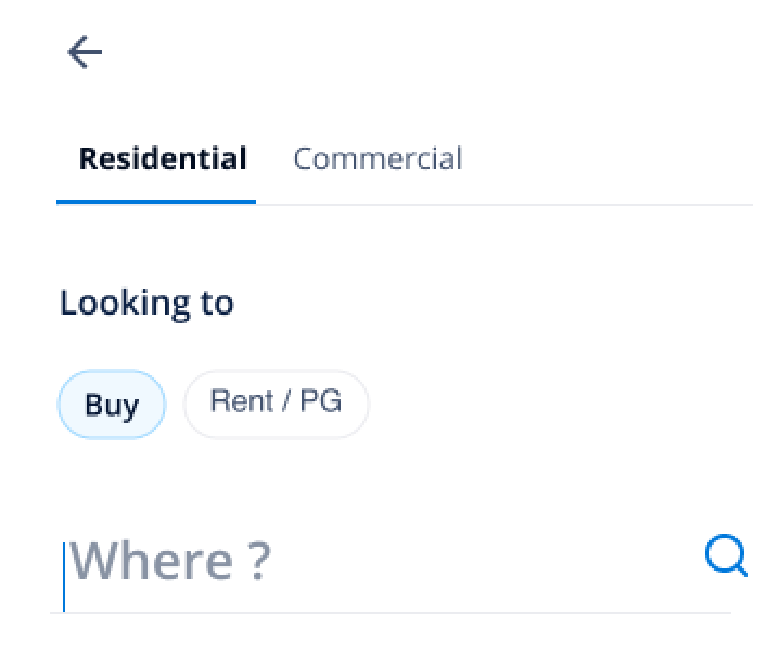 Redesigned search: Residential/Commercial, then 'Looking to: Buy / Rent', then a Where field.