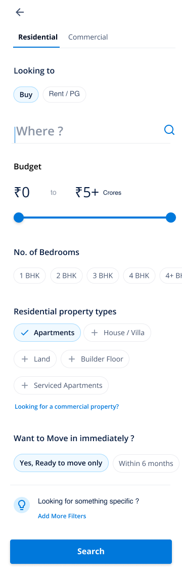 The new form asks one question at a time: Looking to Buy or Rent, Where, Budget, No. of Bedrooms, Want to move in immediately, then Search.