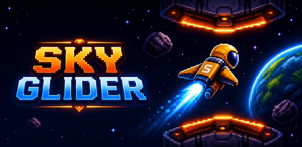 SkyGlider key art: the title over an astronaut gliding past a planet through a field of stars.