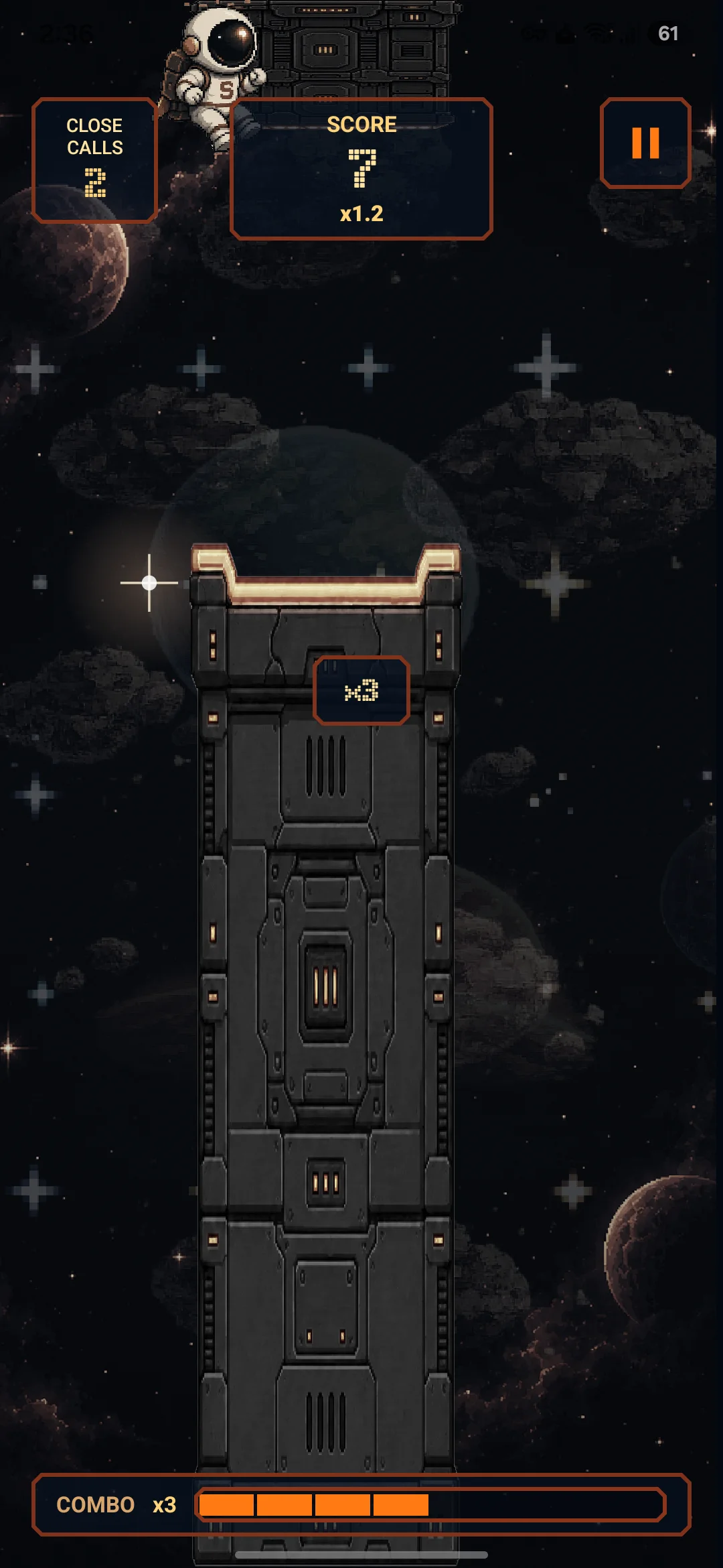 Gameplay with a combo building as the astronaut passes gates.