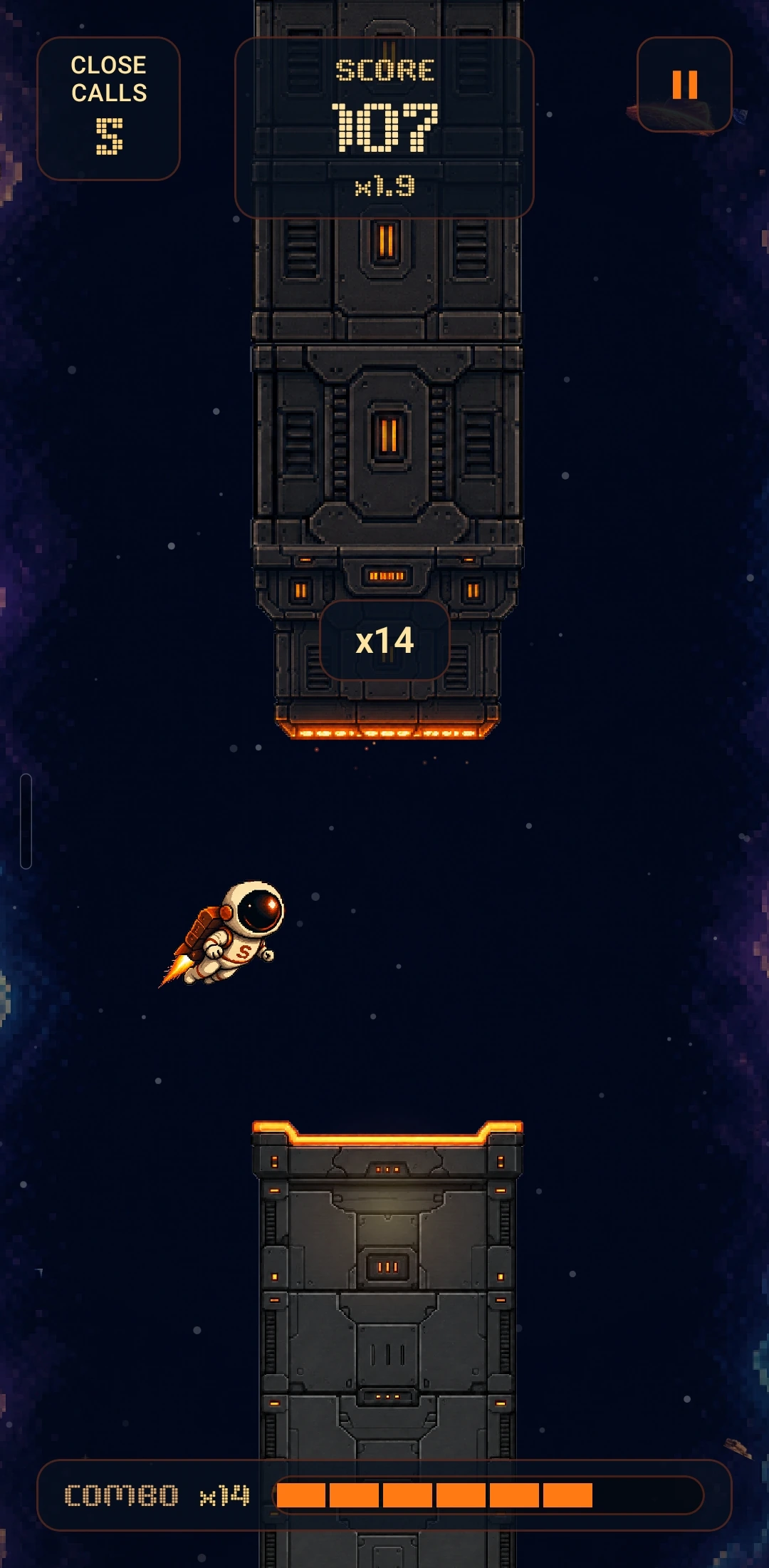 Gameplay deep in a run: combo at fourteen, score multiplier at 1.9, five close calls survived, the astronaut dropping toward the next gate.