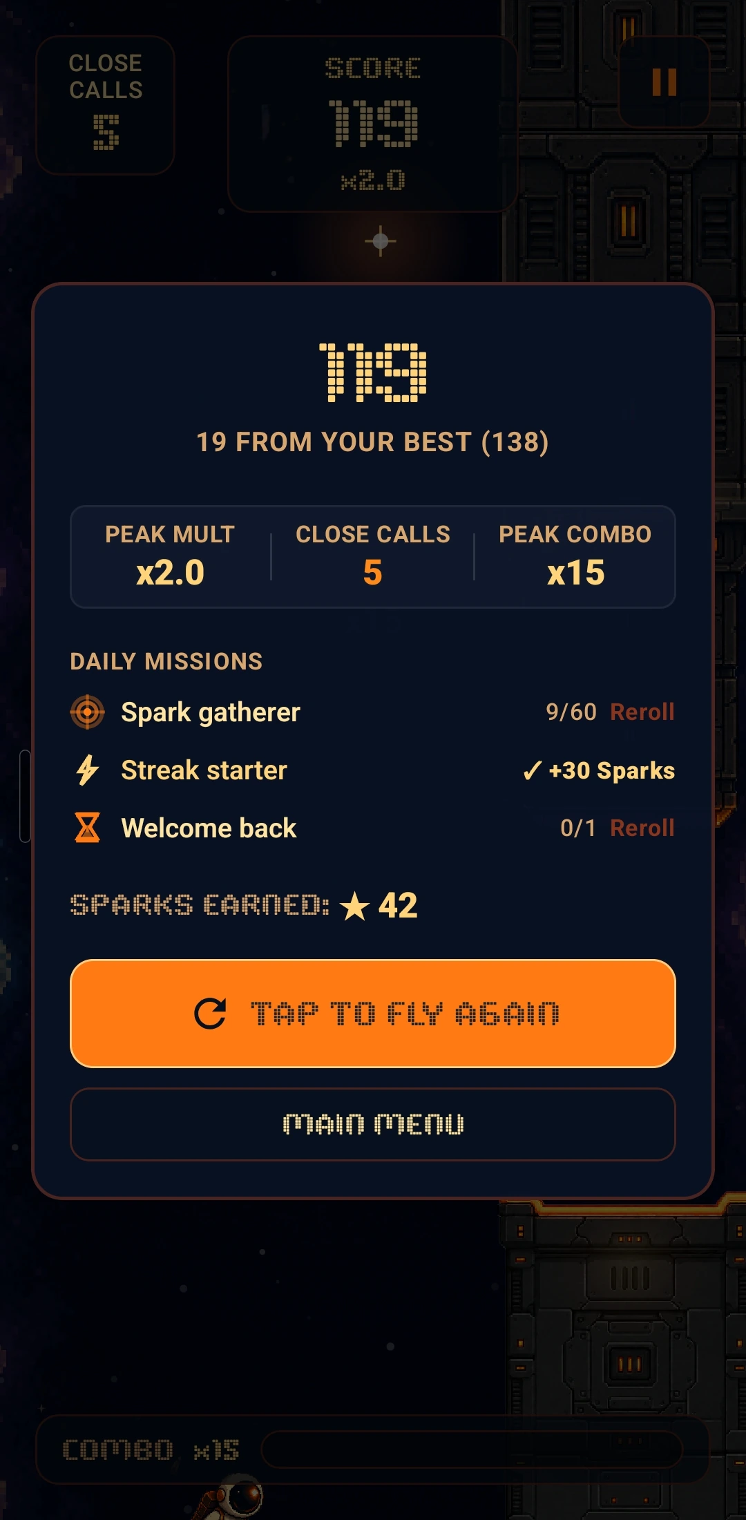 Run complete: score 119, nineteen from best, peak multiplier, close calls and peak combo, three daily missions with rerolls, forty-two sparks earned, and a tap-to-fly-again button.