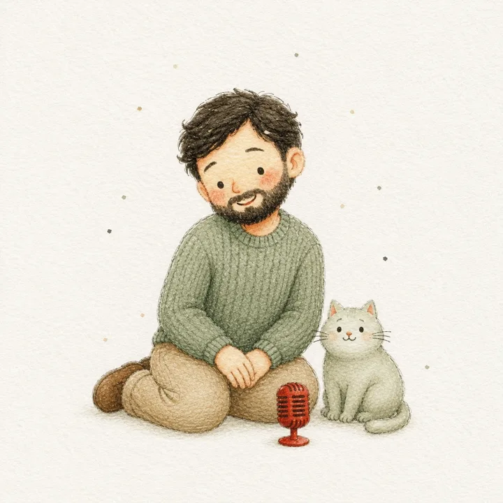 Watercolor spot: the cat waits beside an empty notes list.