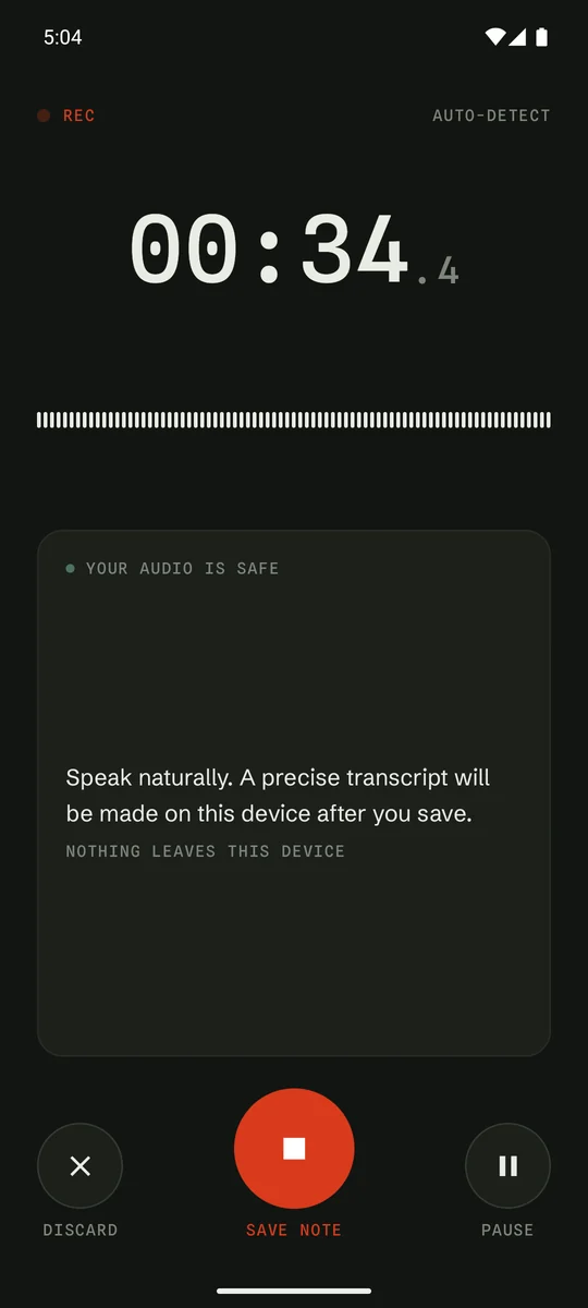 Spoke recording screen: a live waveform over the home list, with the timecode counting.