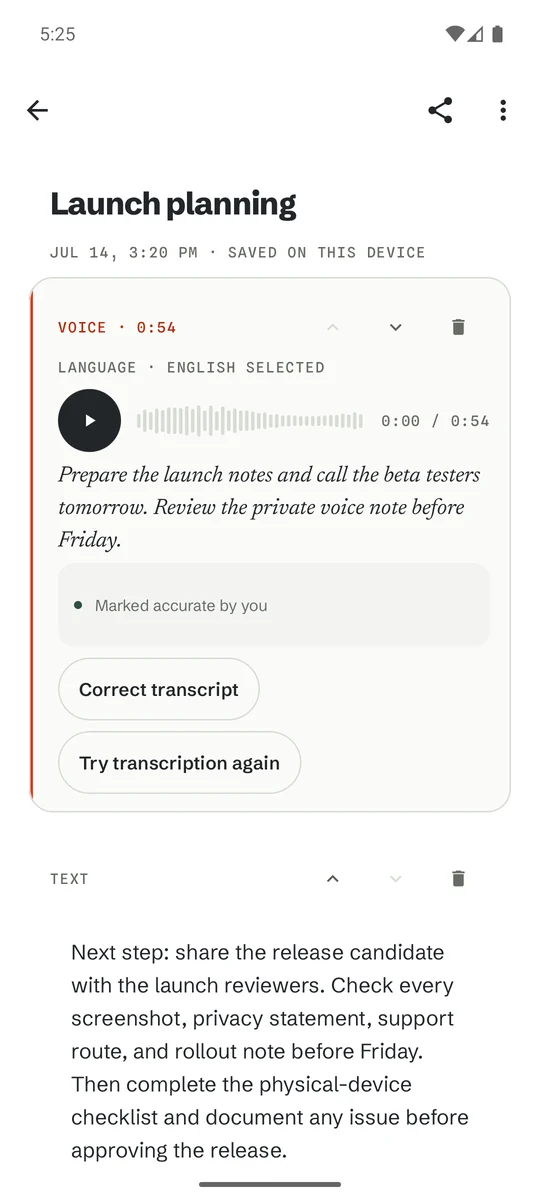 A note transcribing on the device, the spoken words rendering in italic serif.