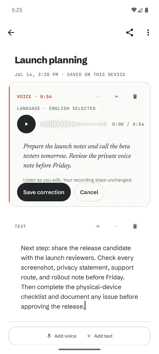 The note editor with playback controls and the waveform scrubber above the transcript.