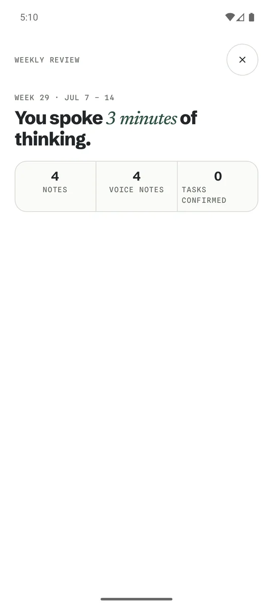 The weekly review screen with themes and statistics for the week.