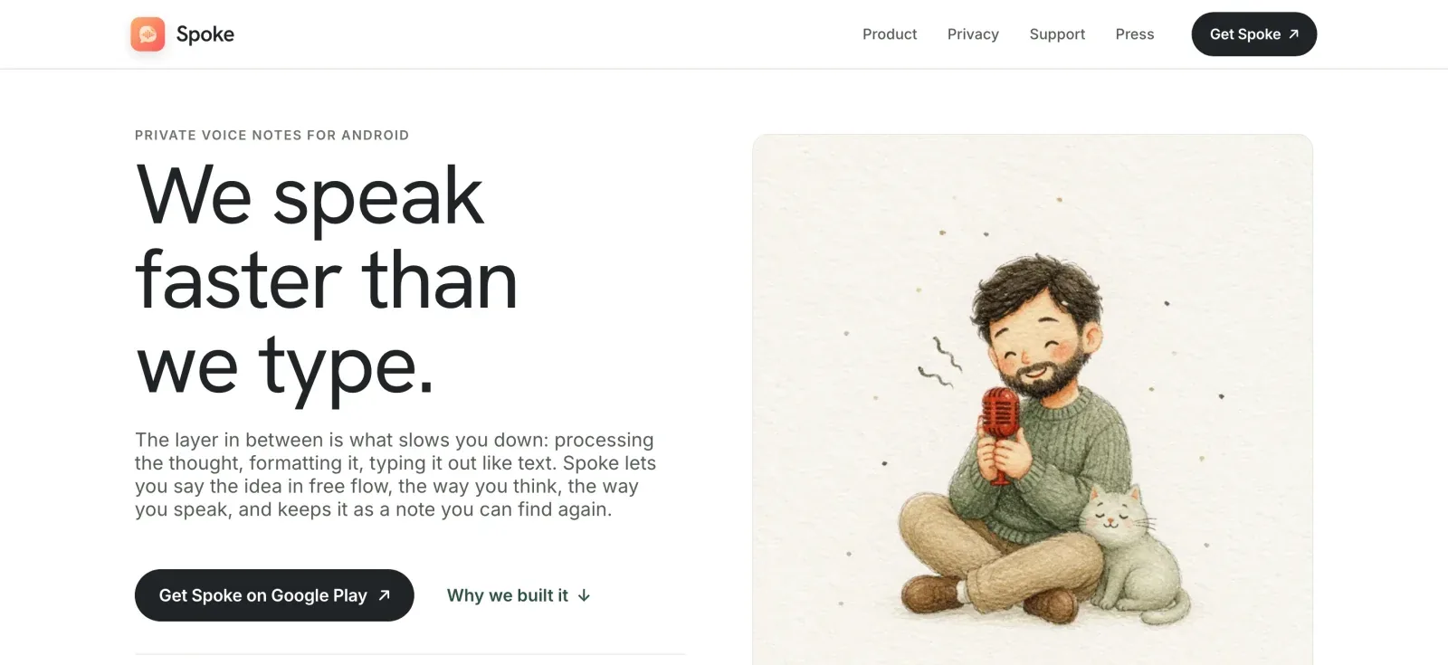 The Spoke landing page: the headline We speak faster than we type beside the watercolor hero.
